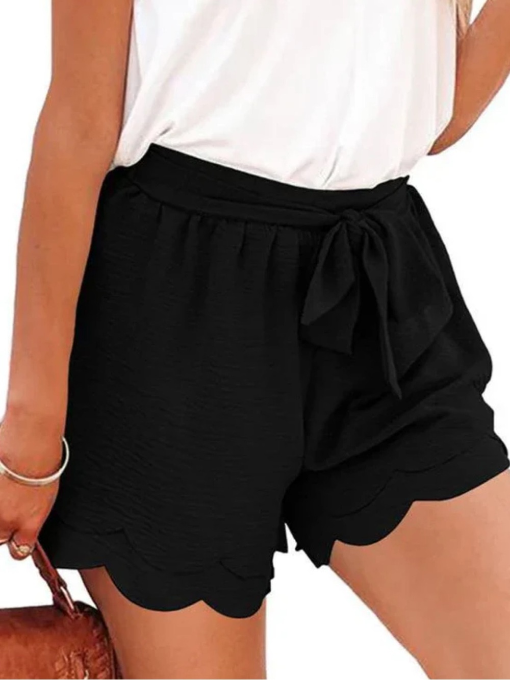 Black Scallop Hem Tie-Front Shorts